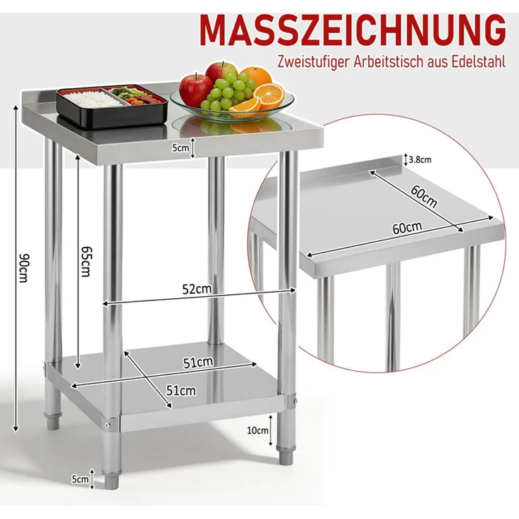 Home Nature Wohnkonzept Edelstahltisch Arbeitstisch Grilltisch Outdoor Küchentisch mit Ablagefläche, stabil bis 90 kg, 60 x 60 x 90 cm – Bild 2