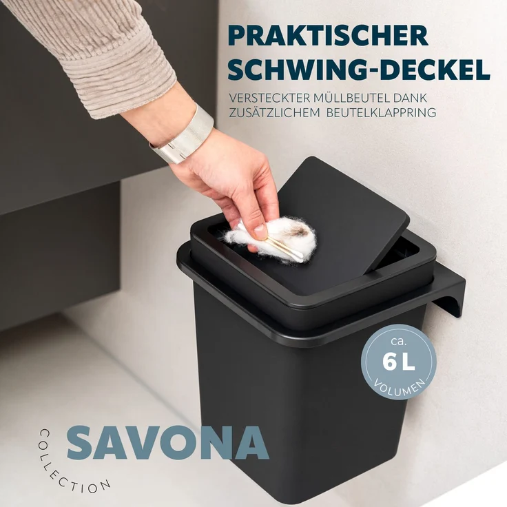 2tlg. Bad-Set SAVONA Softtouch inkl. Wandhalterung, Kosmetikeimer 6 Liter und WC-Garnitur, eckig - schwarz – Bild 5