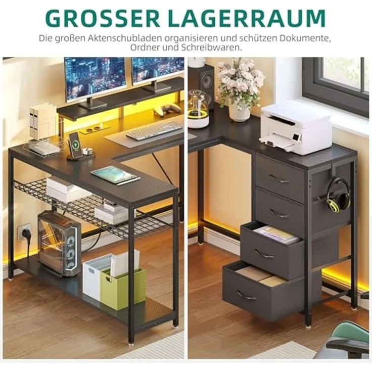 YITAHOME Gaming Tisch mit Steckdosen & LED-Lichter, Computer Schreibtisch mit Schubladen & Stauraum, Reversibler Eckschreibtisch mit Regalen, Computertisch für Home Office, 158 x 100 cm, Schwarz – Bild 7