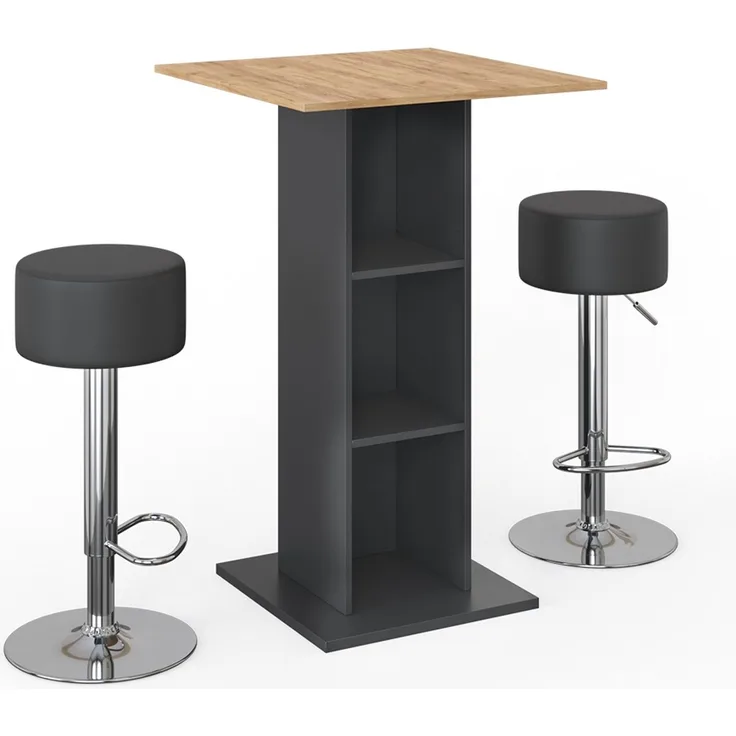 Bartisch-Set Rodeo Anthrazit 70 x 70 cm mit 2 Barhockern Vicco