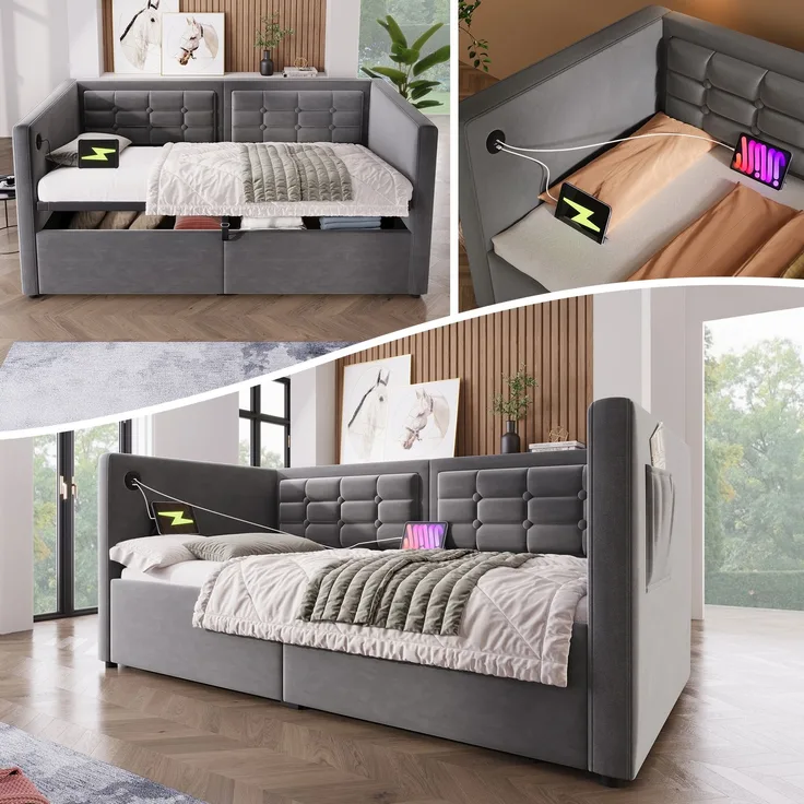 EINHOM Polstertes 90 x 200 cm, Einzelbett Schlafsofa mit Hydraulischem Stauraum und USB & Type-C Ladestation, Gästebett mit Holzlattenrost, Samt, Grau, (Ohne Matratze)