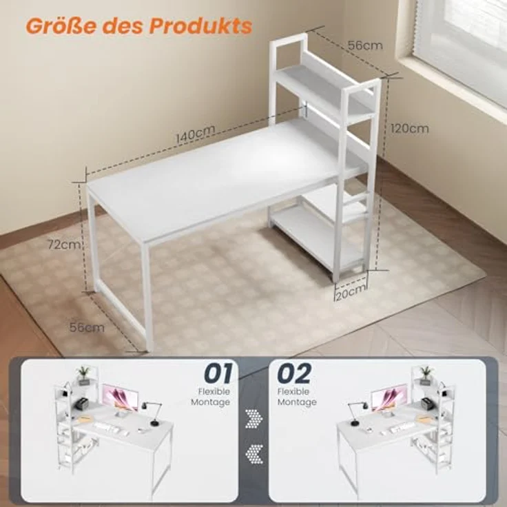 Sweetcrispy Schreibtisch mit Seitlichem Regal & Verstellbaren Füßen, 140 cm breiter Bürotisch, Starker Computertisch mit Ablagefläche, Einfacher Montage, vintagebraun – Bild 3
