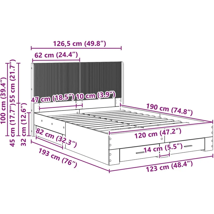 vidaXL Bettgestell mit Stauraum und Kopfteil Betongrau Holzwerkstoff 3414136 – Bild 11