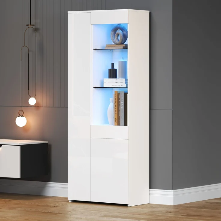 70*35*180cm Vitrine mit Schubladen, Vitrine Hochglanz, Glasvitrine mit LED-Beleuchtung,Hochschrank, Highboard Mit Schrank , Standvitrine,Trennwandlagerung, empfohlene Tragkraft 45kg – Bild 3