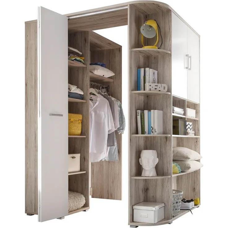 Stella 'Corner Nessi' Eckkleiderschrank begehbar mit Kleiderstange und 6 Kleiderhaken, sandeiche/weiß