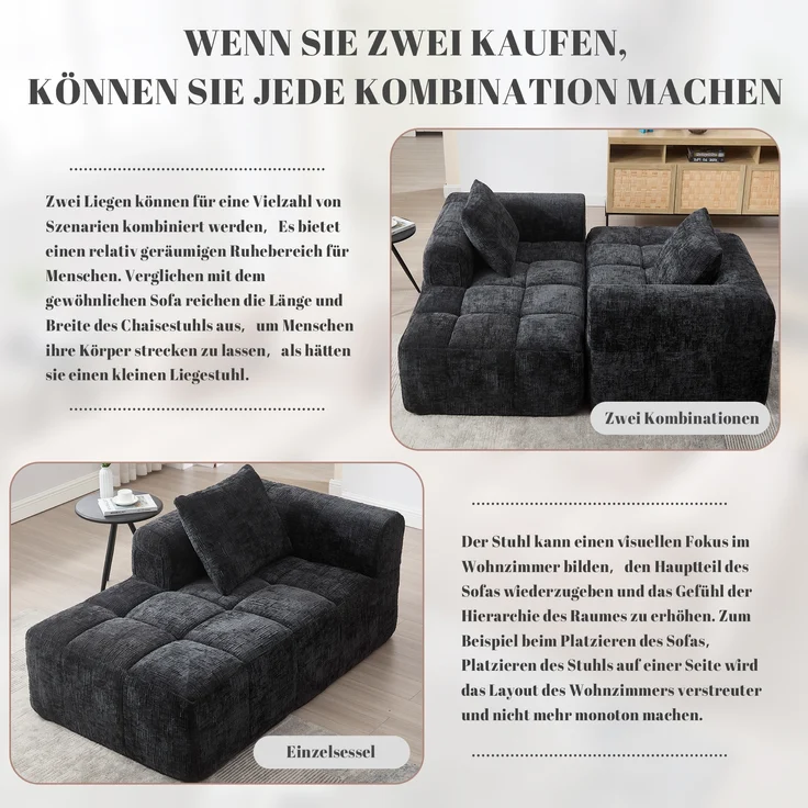 LVHOM Chaiselongue Schlafsofa mit Kissen, Lounge Sessel Relaxsessel Einzelsessel mit Seitentasche, Sofa Schlaffunktion, Sessel für Wohnzimmer – Bild 5