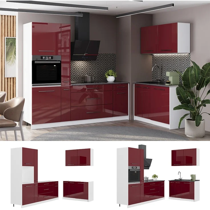 Küchenzeile Fame-Line Bordeaux Hochglanz/Weiß 220 x 120 cm, AP Eiche Vicco – Bild 4