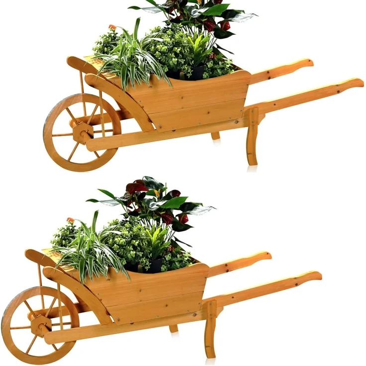 2XGarten Pflanzschubkarre Schubkarre aus Holz Blumenkarre Pflanztrog Blumenkübel – Bild 2