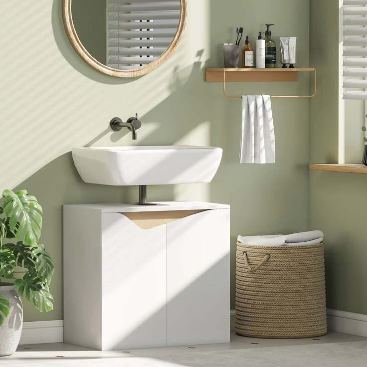 Mobiler Waschtischunterschrank mit 2 gedämpften Türen für Waschbecken ohne Sockel, 60 x 35 x 57,9 cm, Weiß – Bild 3