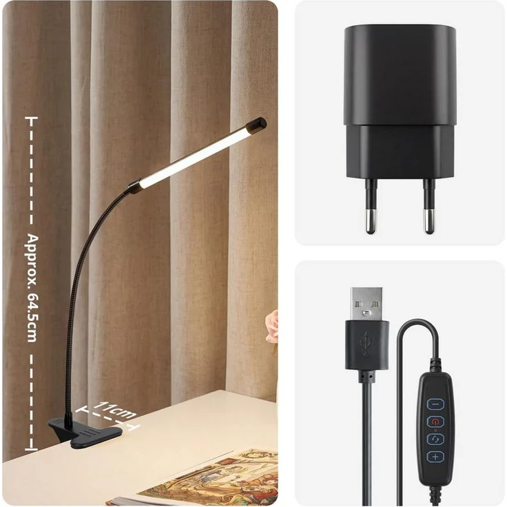LQWELL LED Leselampe Klemmlampe Leselampe Bett, Dimmbare Klemmleuchte, LED fest integriert, 3 Helligkeitsstufen & 360° Flexible Klemme Schreibtischlampe, mit Touch-Funktion für Heimbüro – Bild 2