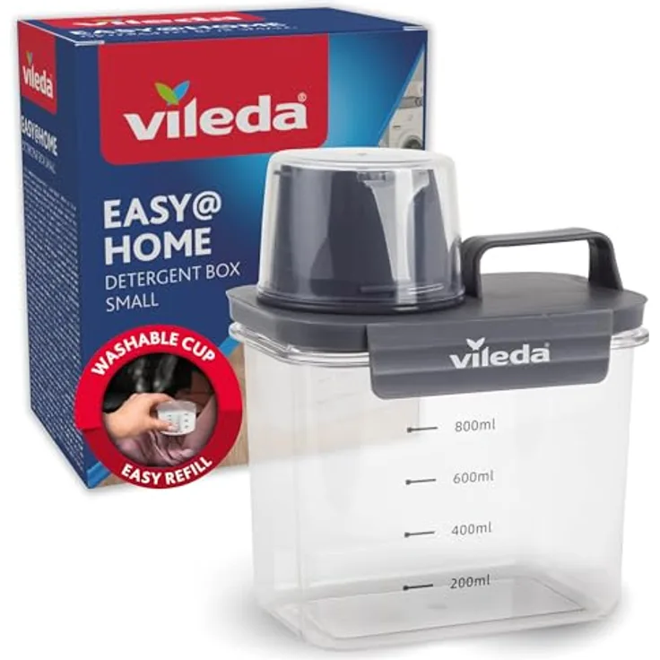 Vileda Waschmittelbox 1100ml grau - Praktische Aufbewahrungsbox für Waschpulver & Flüssigwaschmittel - Inklusive Messbecher für präzises Dosieren - Luftdichte & Platzsparende Waschpulverbox