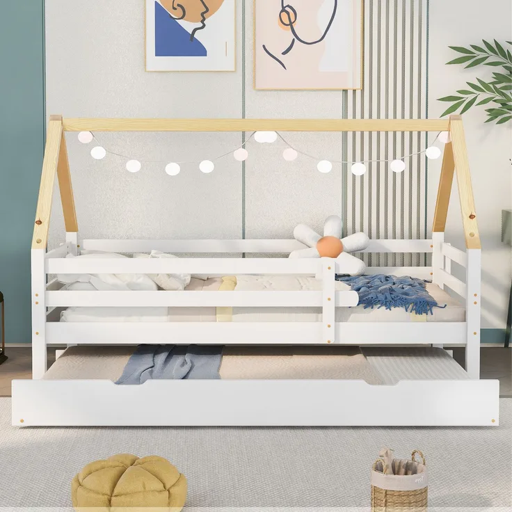 Baumhausbett, Tagesbett, Einzelbett, Kinderbett, Ausziehbett, Schiebebett mit Rollen unten, Massivholz, weißes Bett, naturfarbener Dachstuhl (90x200 & 90x190CM)