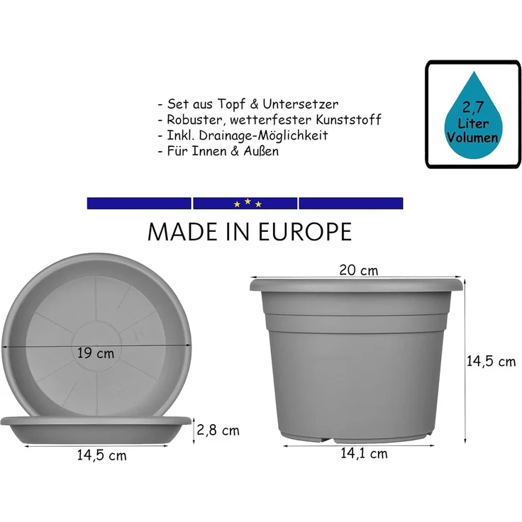 BigDean 3X Blumentopf Ø 20 cm Farbe Anthrazit & Untersetzer Kunststoff Pflanztopf Containertopf Übertopf Pflanzkübel rund 20 x 14,5 cm Blumentöpfe – Bild 7