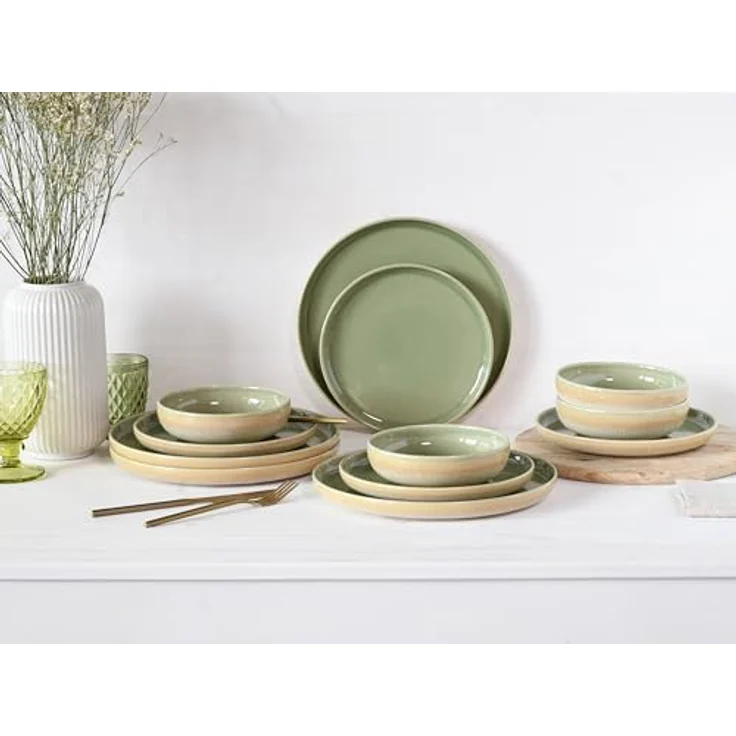 Creatable Tafelservice Uno Emiliana, 12-teilig, creme und grün, keramisch, mit Blumenmotiven, lebensmittelecht und stapelbar – Bild 3
