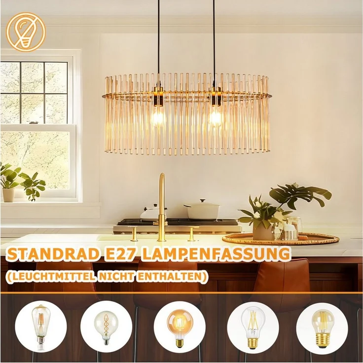 Nettlife Pendelleuchte Modern Gold/ Schwarz 2-Flammig,Glas,E27 Hängelampe mit Kristall Schirm, ohne Leuchtmittel, für Esszimmer Küche Wohnzimmer, Höhenverstellbar – Bild 2