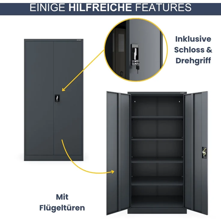 Aktenschrank abschließbar KADO - 5 Ebenen verstellbar, Flügeltüren | Metallschrank Werkstatt Mehrzweckschrank Büroschrank aus Stahl Werkzeugschrank, 185 x 90 x 60 cm Anthrazit – Bild 5