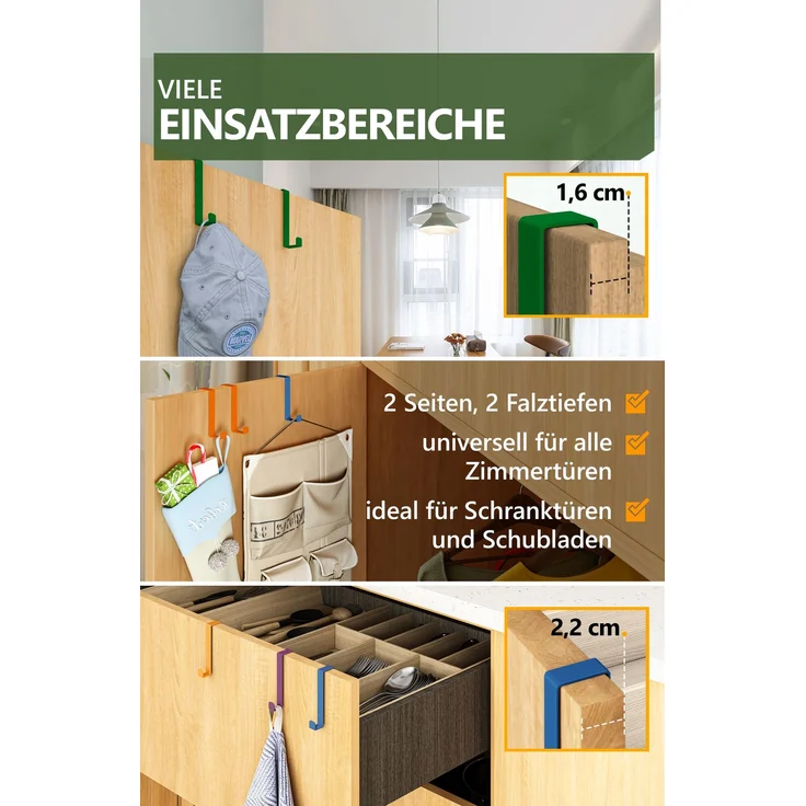 Aurelia Home Türhaken zum Einhängen, 10er-Set, Edelstahl, Bunt – zwei Falztiefen – Bild 4