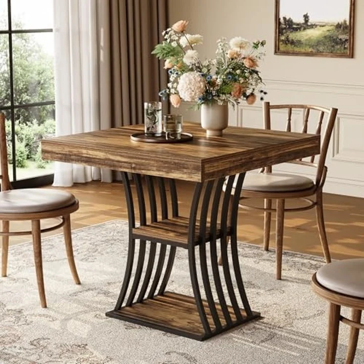 LITTLE TREE 31,5-Zoll-Quadratischer Esstisch für 2 Personen, 2-stufiger Küchentisch im Industriestil mit Stauraum, Metallgestell für Esszimmer, Wohnzimmer, kleine Räume (Braun und Schwarz) – Bild 2