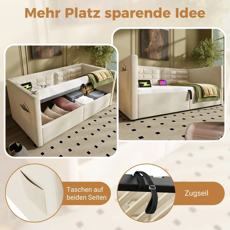 Merax Daybett Hydraulisches Polsterbett 90x200cm mit USB & Type C, Schlafsofa Tagesbett mit Ablagefächer, Einzelbett Jugendbett, Samt, Beige – Bild 5