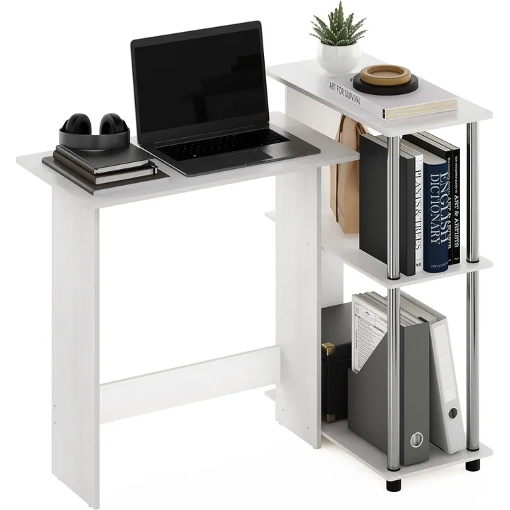 Furinno Abbott Eck-Computertisch mit Bücherregal, weiße Eiche, Edelstahlrohre