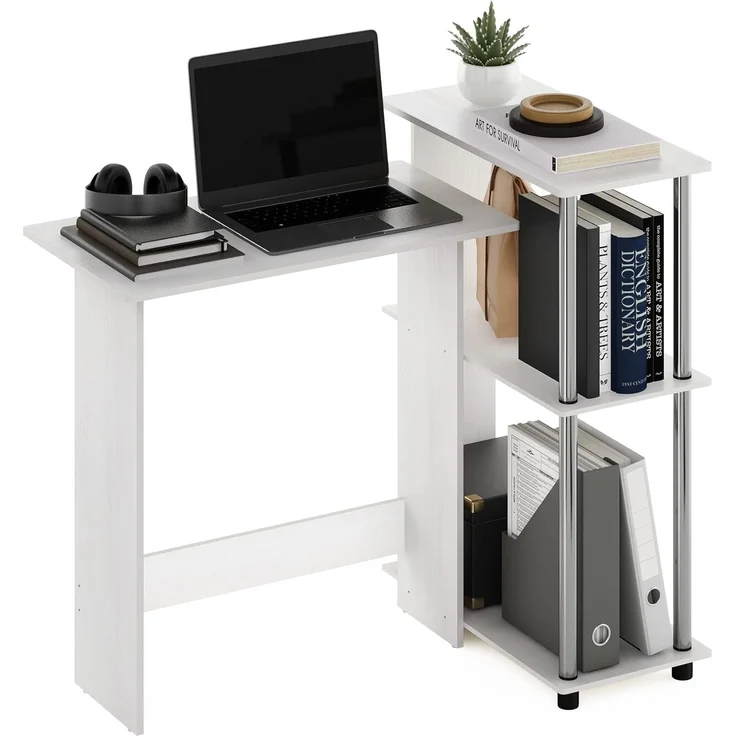 Furinno Abbott Eck-Computertisch mit Bücherregal, weiße Eiche, Edelstahlrohre