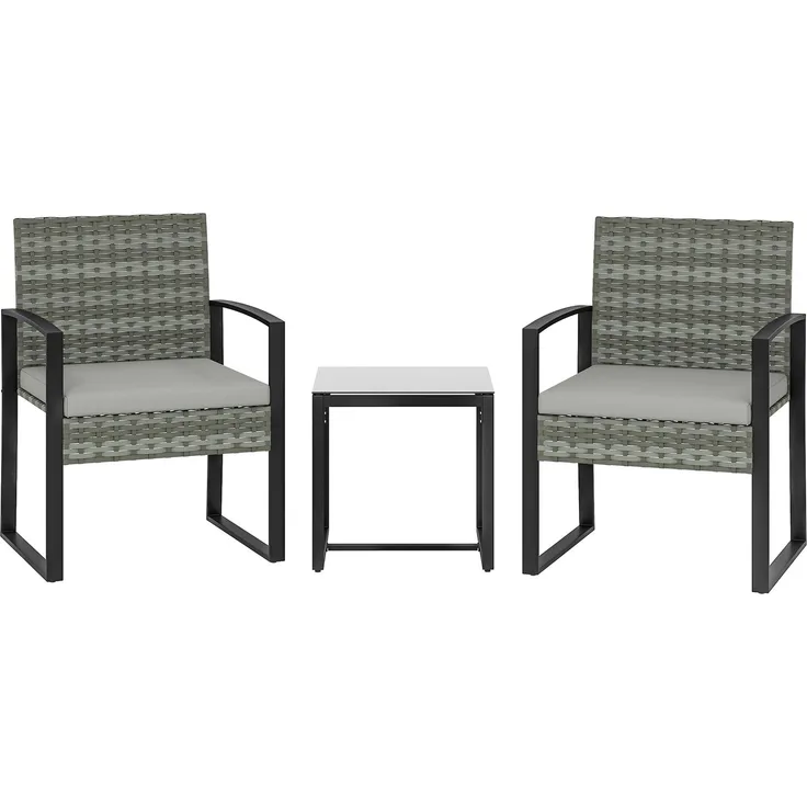 MELAYR, Rattan Bistroset, 3 teiliges Gartenmöbel-Set mit 2 Gartenstühlen, Couchtisch, 58 x 55 x 76 cm, Hellgrau