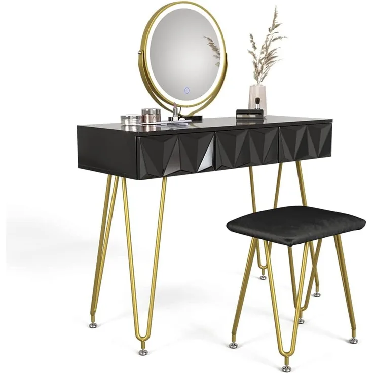 Schminktisch Ruby Schwarz 100 cm mit LED-Spiegel und Hocker Vicco