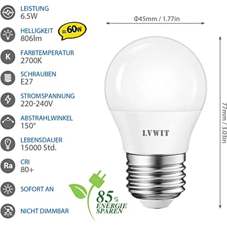 LVWIT E27 LED 6.5W ersetzt 60W Glühlampen, Warmweiß 2700K, G45 LED Leuchtmittel, 806lm, matt (6er Pack) – Bild 3