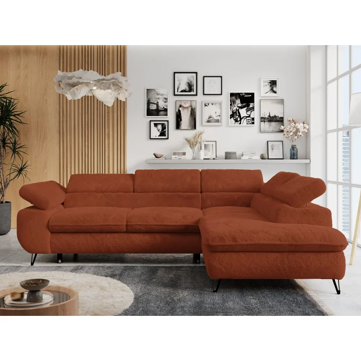 Ecksofa mit Bettfunktion, Modern Sofa, L-form, Einstellbare Kopfstützen, Bettkasten - PETER - Orange Plüsch - rechts – Bild 1