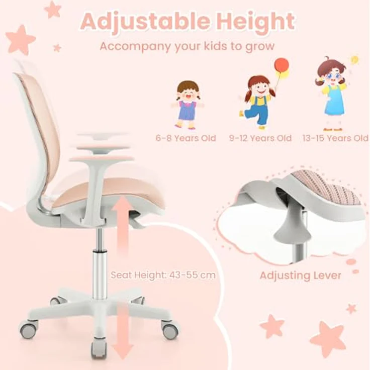 FANTASK 360° drehbar Kinder Schreibtischstuhl, 43-55cm Sitzhöhe höhenverstellbar, Rosa – Bild 5