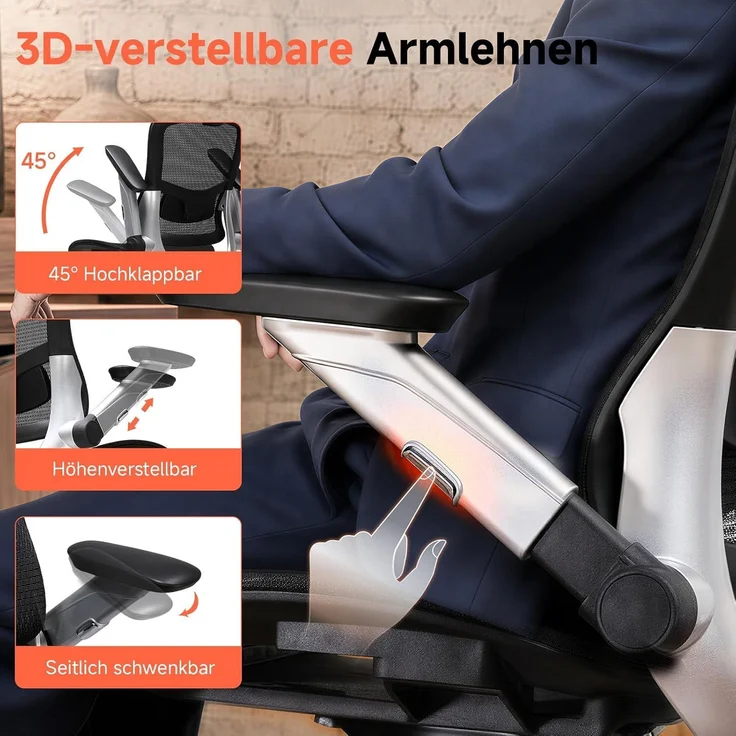 COMHOMA Bürostuhl, ergonomischer schreibtischstuhl mit Mesh, 2D-Kopfstütze, 4D-Armlehnen, Hohe Rückenlehne mit Wipp- & Feststell (90-125°), extra breite Sitzfläche, Belastbarkeit 180 kg, Schwarz – Bild 7