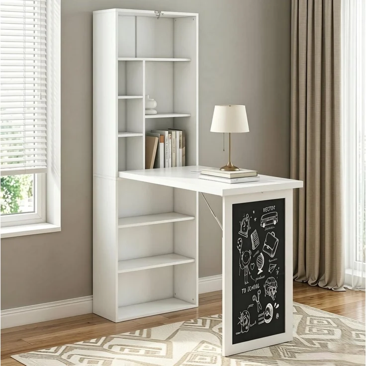 Klappbarer Schreibtisch 98x51x153 cm mit 9 Regalfächern und Schreibtafel – Bild 2
