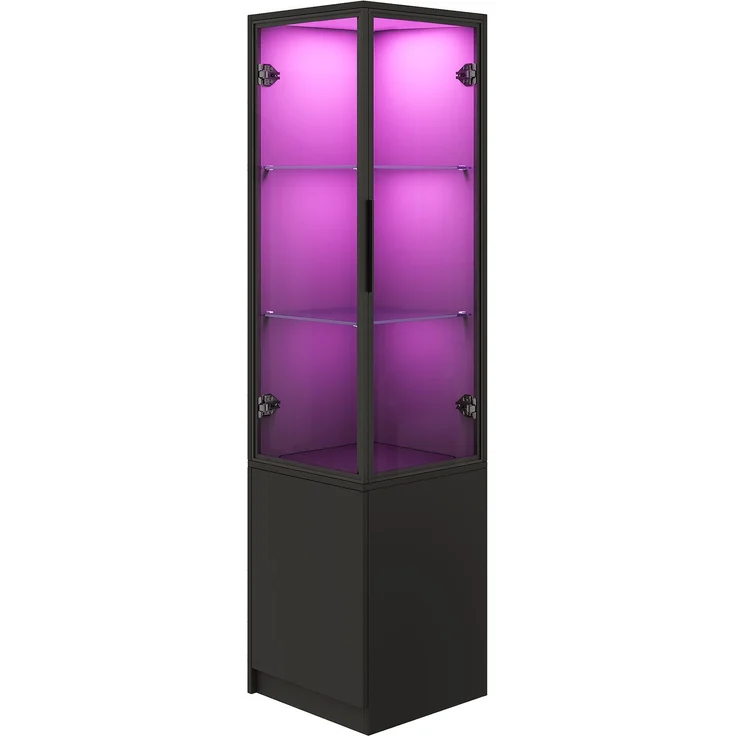 Flieks Eckschrank 40 x 40 x 160 cm, Vitrine mit gehärteten Glastüren, Aluminiumrahmen, LED-App-Steuerung, Schwarz – Bild 5