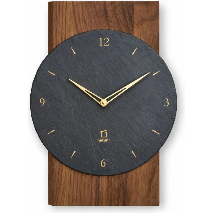Natuhr Wanduhr W8000D Steineiche Quarzwanduhr aus dunkler Eiche mit Schiefer – Massivholz Eiche – Eiche dunkel – 34 × 24 × 5 cm