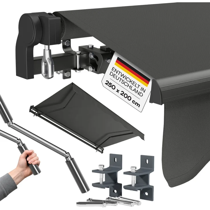STEELSØN 'Kestria' Gelenkarmmarkise 250x200 cm, anthrazit, wetterfest und blickdicht, Markise mit Aluminium-Kassette und Wandhalterung, Balkonmarkise mit Handkurbel – Bild 1