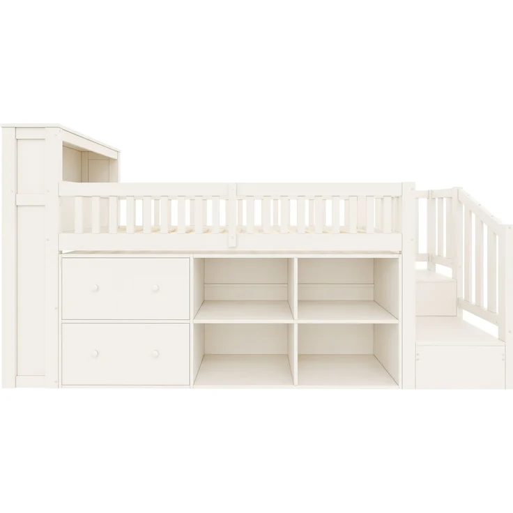 Halbhohes Bett, 90 x 200 cm, mit Schubladen, Staufächern, Leiterschrank, LED-Beleuchtung, Matratze nicht inbegriffen, Weiß – Bild 9