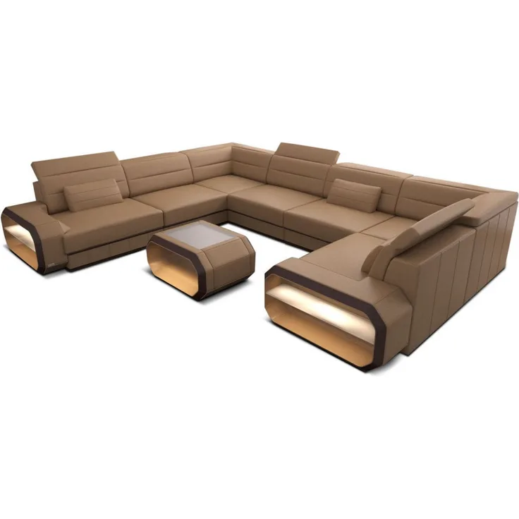 Leder Wohnlandschaft Verona U-Form – Komfort - Ledermix - sandbeige-dunkelbraun - Links
