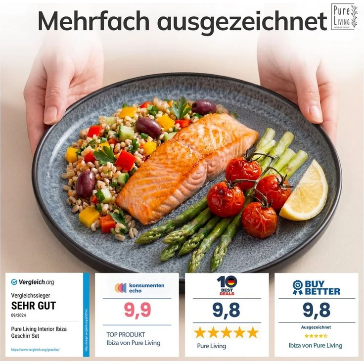 Steingut Geschirrset 12 Pers. Ibiza 36-tlg Hochwertiges Mediterranes TEST SEHR GUT Steingut Geschirr Set - Schüssel- und Teller Set - Tafelservice 12 Personen Geschirrsets Pure Living in Grau – Bild 3