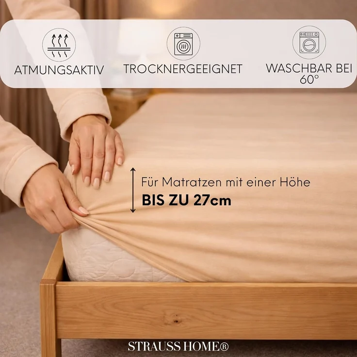 Strauss Home Spannbettlaken Premium 160 g/m² Gekämmte Baumwolle Jersey in Hotelqualität, Gummizug: Rundumgummi, OEKO-TEX®-zertifiziert - Hotelqualität – Formstabil & Langlebig – Bild 3