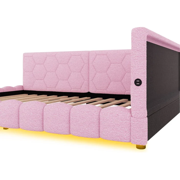 Daybett 214 × 152 × 64,5 cm ,140 × 200 cm Liegefläche – Vliesimitat & MDF,16‑Farben LED, USB/Typ‑C, Rosa – Bild 10