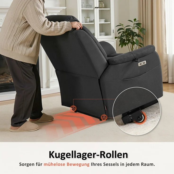 M MCombo Fernsehsessel mit Aufstehhilfe Elektrisch, 2 Rollen für Mobilität, Massage & Heizung, Verstellbare Kopfstütze, Sessel mit Aufstehhilfe 35D Vollschaum-Sitzkissen 7269 (Mikrofaser, Dunkelgrau) – Bild 4