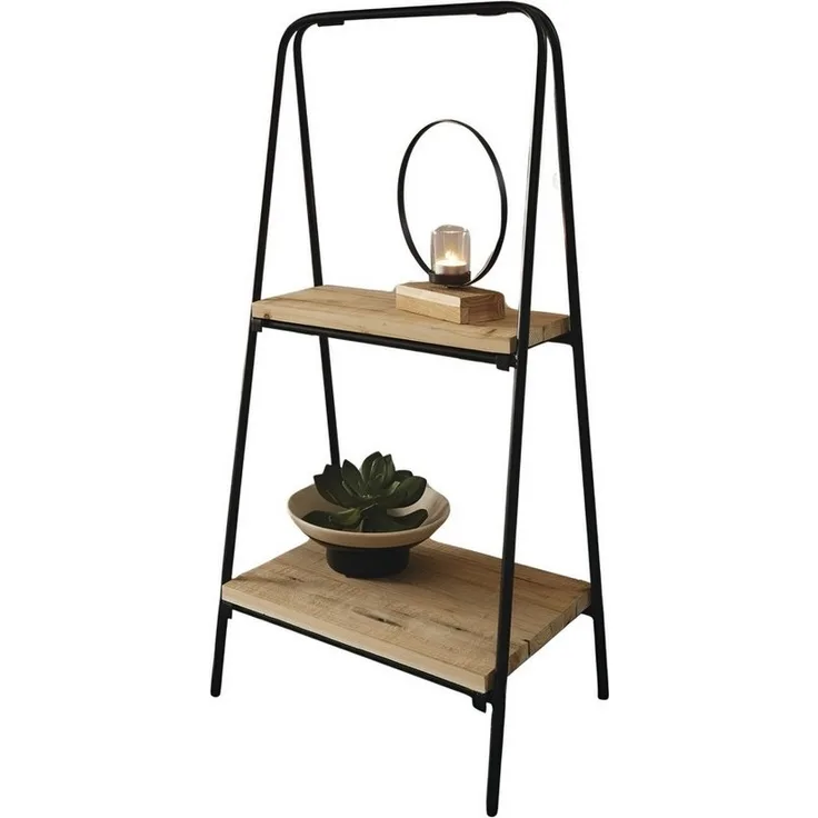 Dekoleidenschaft Standregal "Modern" aus Metall, schwarz + 2 Böden aus recyceltem Holz, klappbar, Regal, Blumenregal, Etagere, Pflanzenständer, Pflanzenregal
