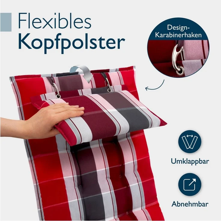 Beautissu Hochlehnerauflage Premium Hochlehner Auflage Kopfpolster Sun Sun-HL, 120x50cm, Anthrazit, Mit Kopfpolster, rutschfest & robust – Befestigungsbänder, UV 5 – Bild 4