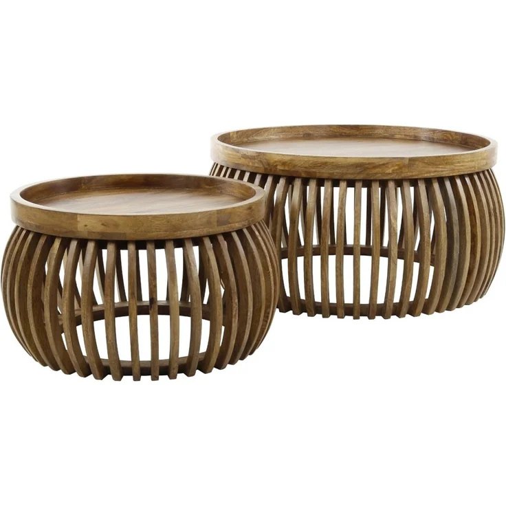 Couchtisch 2er-Set Mangoholz massiv, modernes Lamellen Design, rund in Braun, montiert geliefert – Bild 1