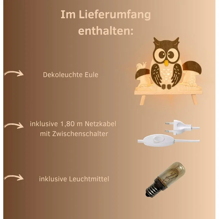 Weigla Dekolicht Eule, Dekolampe aus Holz, NATUR-BRAUN, Made in Germany, Leuchtmittel wechselbar, Erzgebirge garantiert, Herbstdeko innen, Tischlampe – Bild 2