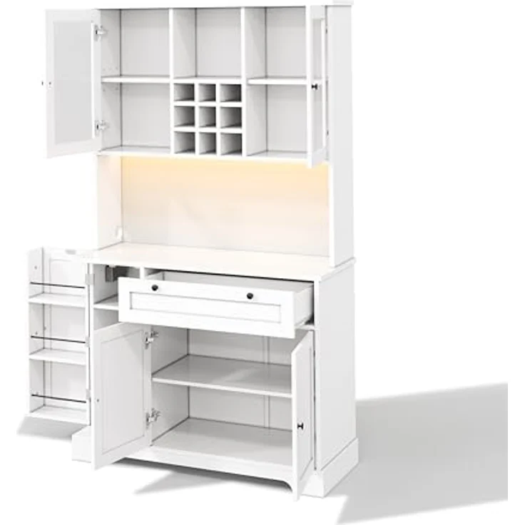 Ball & Cast Küchenschrank, Buffetschrank mit verstellbaren Einlegeböden, Steckdosen und Integrierter Beleuchtung, 105 x 40 x 180 cm, Weiß – Bild 10