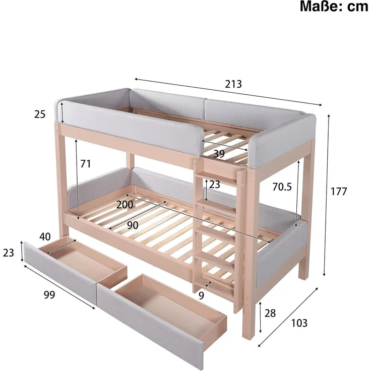 Etagenbett mit gepolstertem Rausfallschutz und Schubladen, 90x200cm, Kinderbett mit Trittleiter und Lattenrost, Massivholz – Bild 6