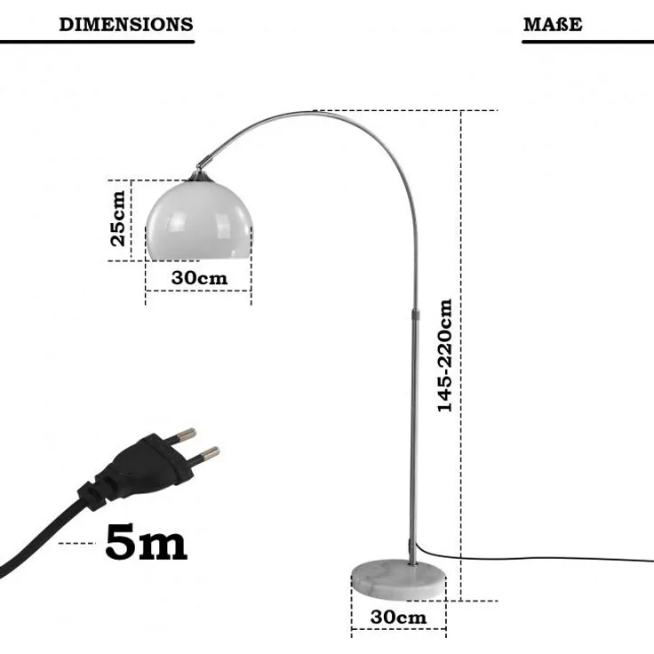 Jago® Bogenleuchte - Höhenverstellbar, 145-220 cm, 1 x E27, max. 60W / LED, Weiß, für Wohnzimmer, Lounge, Bar - Bogenlampe, Stehlampe, Stehleuchte, Standleuchte, Bogenstandleuchte