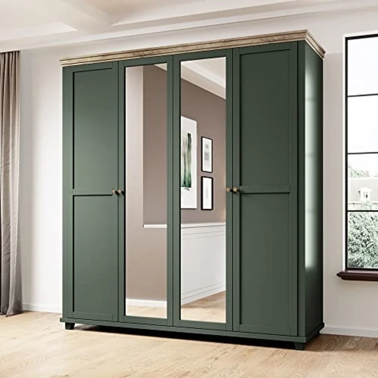 Kleiderschrank Landhausstil 200 cm breit EPSOM-83 mit 2 Spiegeln, 4 türig, in grün mit Lefkas Eiche Nb, B/H/T: ca. 200/216/62 cm – Bild 1