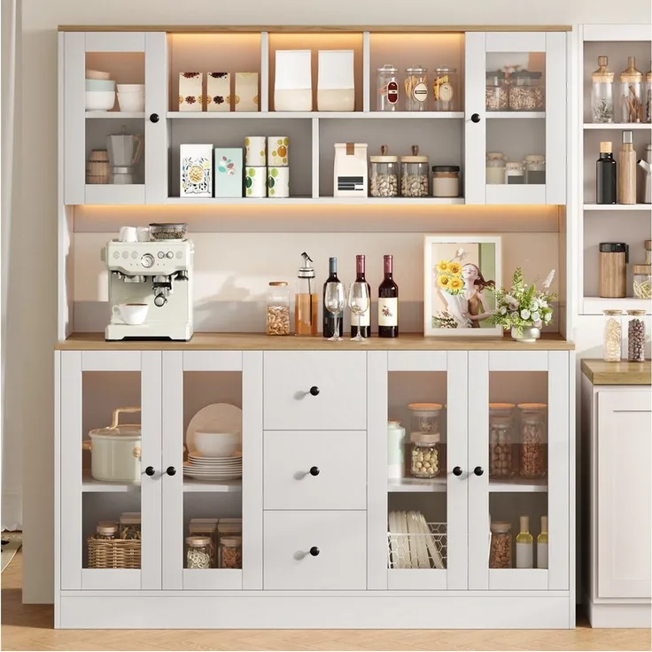 Flieks Küchenbuffet Hochschrank mit Arbeitsplatte Holzoptik, LED-Beleuchtung, Steckdose (150x40x173 cm, 1-St, Multifunktionsschrank mit verstellbarer Einlegeböden) Vorratsschrank Vitrinenschrank mit 6 Acryltüren und 3 Schubladen Weiß
